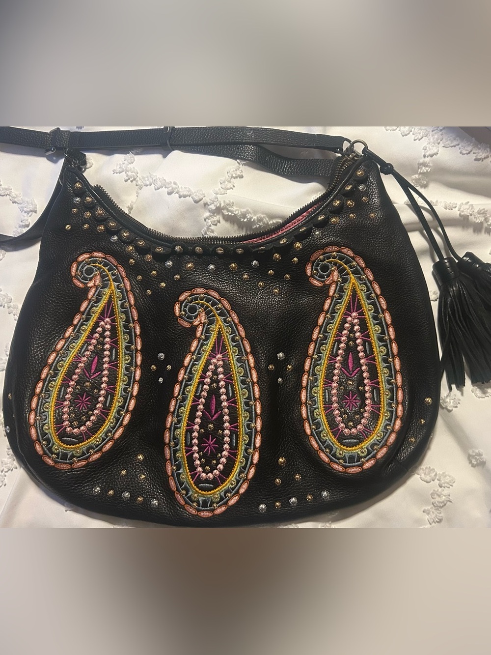 Isabella Fiore Black Leather Shoulder Bag with Multicolor Paisley Embroidery